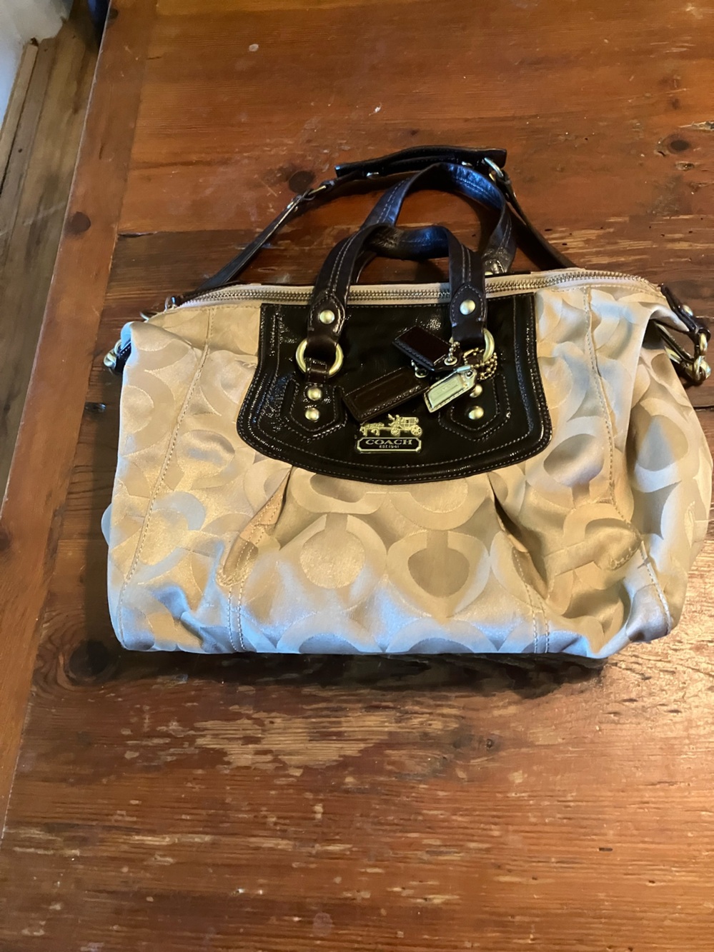Coach Beige Satchel with Dark Brown Leather Trim and Gold Hardware